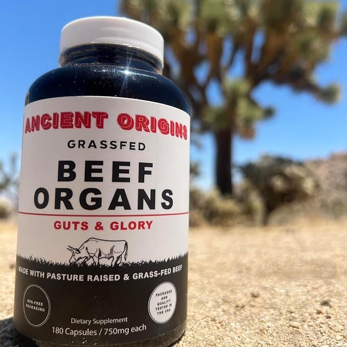 Grass Fed Beef Organs Supplement 4500mg - Desiccated Liver, Bone Marrow, Heart, Spleen, Pancreas & Kidney, Non-GMO, Gluten Free, Undefatted by Ancient Origins (180 Capsules, 750mg Each)