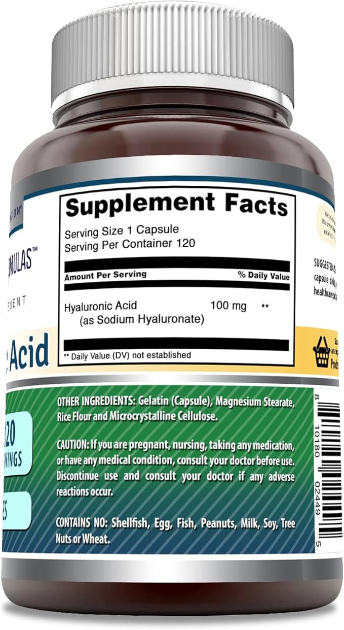 Amazing Formulas Hyaluronic Acid 100 Mg Supplement | Capsules | Non-GMO | Gluten-Free | Made in USA (1 Pack | 120 Count)