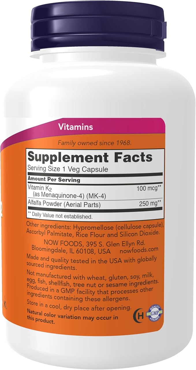 NOW Foods Supplements, Vitamin K-2 100 mcg, Menaquinone-4 (MK-4), Supports Bone Health*, 250 Veg Capsules,(Pack of 2)