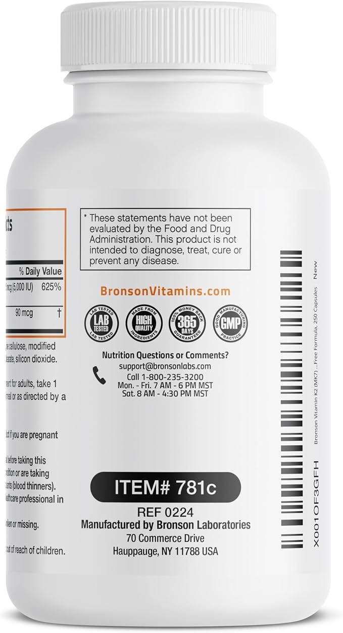 Bronson Vitamin K2 (MK7) with D3 Supplement Non-GMO Formula 5000 IU Vitamin D3 & 90 mcg K2 MK-7 Easy to Swallow D & K Complex, 250 Capsules