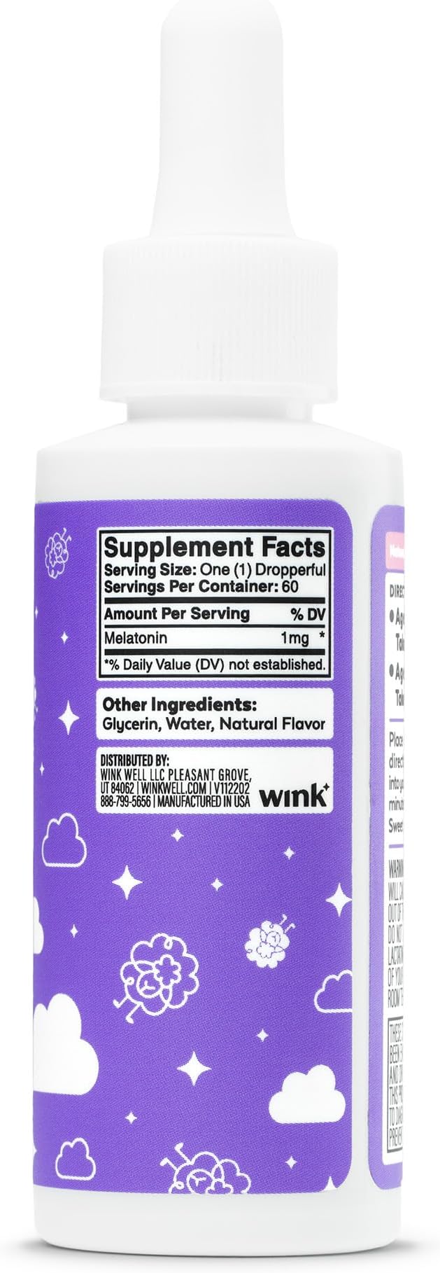 Wink Well Kids Liquid Melatonin Drops- Natural Sleep Drops for Toddlers and Teens Sleep Aid with 1mg Per Serving-Non-Addictive Children's Liquid Melatonin- 2 Oz