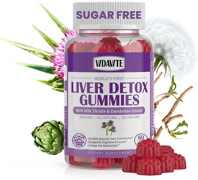 VIDAVITE Liver Cleanse Detox & Repair Gummies — Sugar-free, US-Made, 1500mg Milk Thistle Supplement with Artichoke, Dandelion and 20+ Herbs — Liver Support Supplement for Men & Women(60 Vegan Gummies)