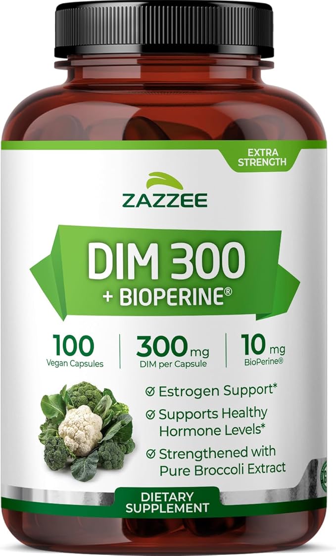 Zazzee DIM 300 mg Per Capsule, 100 Count, Plus 10 mg BioPerine, Estrogen Balance, Hormonal Acne, Menopause Support, Hormonal Balance, Diindolylmethane, Vegan, All-Natural, Non-GMO, Made in The USA