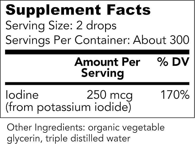 USDA Organic Potassium Iodide 250 mcg Liquid Supplement (6 Month Supply) – 0.253% Elemental Iodine – Dietary Iodine Support – Vegan, Gluten-Free (1 Oz)