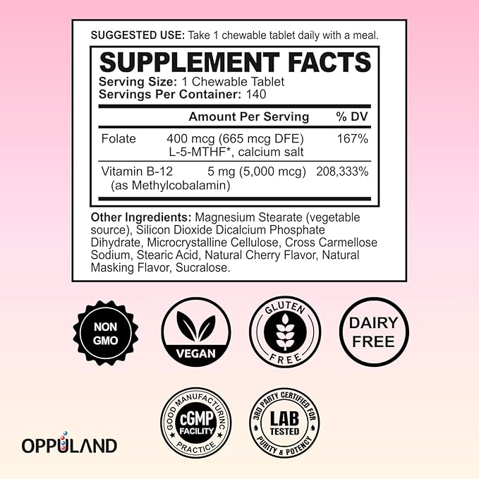 Methyl B-12 5000mcg Chewable with Folate - Vitamin B12 Methylcobalamin Sublingual Tablets - Supports Energy & Brain Function - Vegan Supplement - Cherry Flavor - 140 Count
