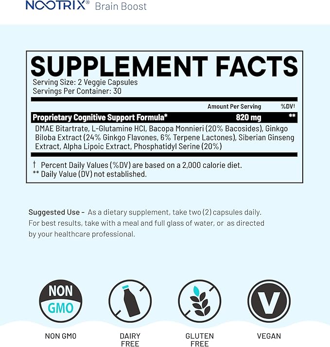 Nootrix Brain Boost Nootropic Supplement | Supports Memory, Mental Focus, Cognitive Health & Energy | Promotes Healthy Mood & Brain Function | Ginkgo Biloba & DMAE | 60 Capsules