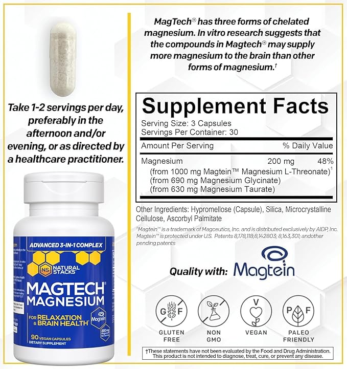 NATURAL STACKS Apigenin for Sleep + Magtech Magnesium Supplement Bundle - Supports Sleep & Brain Health* - 210 Total Capsules
