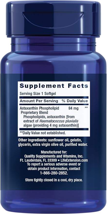 Life Extension Astaxanthin with Phospholipids – Antioxidant Support, Eye Health – Algae-Derived – Gluten-Free, Non-GMO – 30 Softgels