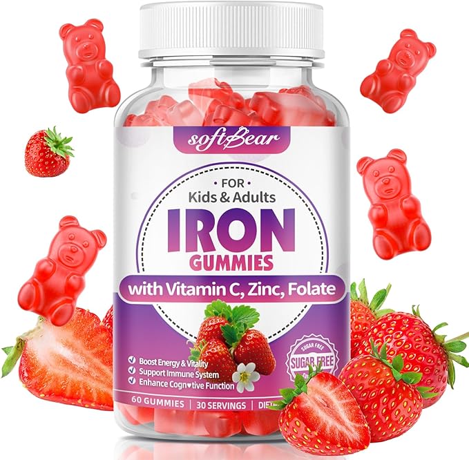 softbear Iron Gummies for Women & Men & Kids, Chewable Iron Supplements with Vitamin C,B3,B5,B6,B12 Supports Immune System, Energy & Vitality, Sugar-Free/Vegan, Strawberry Flavor 60 Count