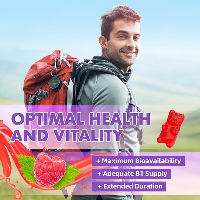 Vitamin B1 Gummies 500mg for Adults & Kids – High Potency Thiamine B1 Supplement for Energy & Nervous System Support, Sugar-Free, Raspberry Flavor, 60 Count