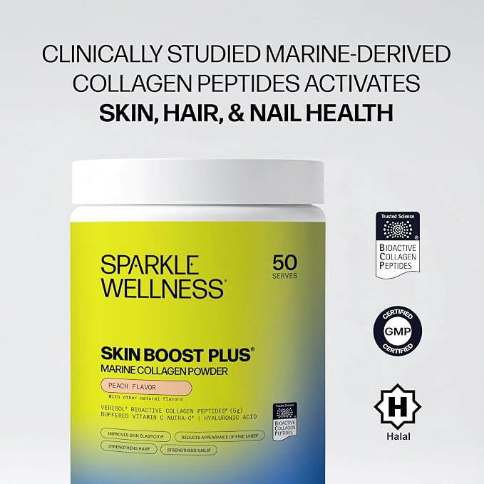Sparkle Wellness Marine-derived VERISOL Bioactive Hydrolyzed Collagen Peptides | Collagen Powder Supplement with Vitamin C & Hyaluronic Acid | Marine Skin Boost Plus (Peach) [50-Serves]