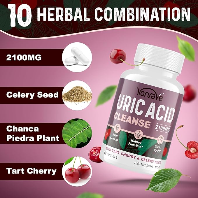 Uric Acid Cleanse & Detox with Tart Cherry, Celery Seed Uric Acid Supplement – Uric Acid Levels, Joint, Kidney and Sleep – 90 Veggie Capsules（2 Bottle）