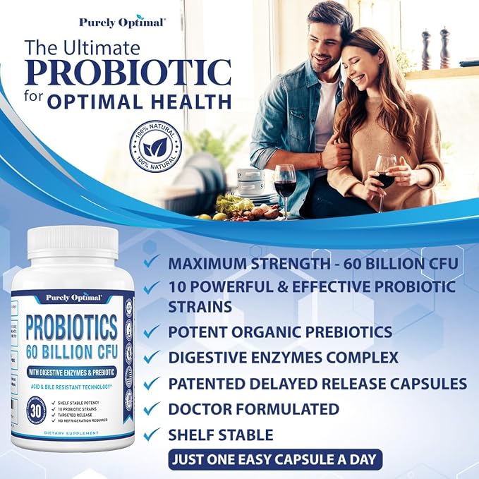 Purely Optimal Probiotics for Digestive Health, 60 Billion CFU – Delayed-Release with Digestive Enzymes & Organic Prebiotics – Bloating, Immune & Energy Support, 30 Caps