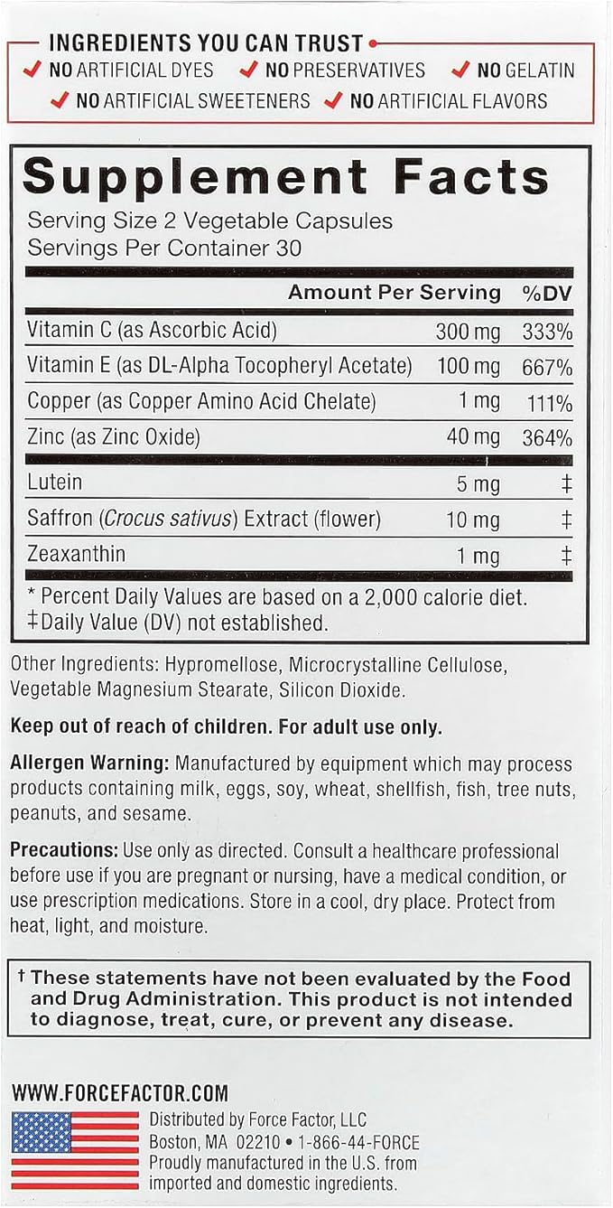 Force Factor Complete Eye Health, Clinical Strength Eye Vitamins with Lutein & Zeaxanthin to Support Vision, Eye Function, and Blue-Light Protection, Eye Health Supplements for Adults, 60 Capsules