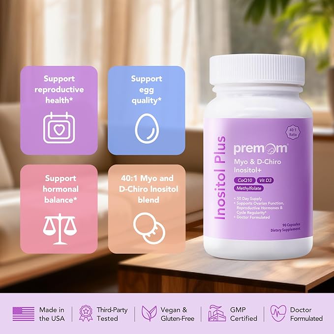 Premom Inositol Plus - 2000mg Myo-Inositol & 50mg D-Chiro Inositol, CoQ10, Folate & Vitamin D3-40:1 Ratio - Supports Hormonal Balance, Ovarian & Reproductive Health - 30 Day Supply