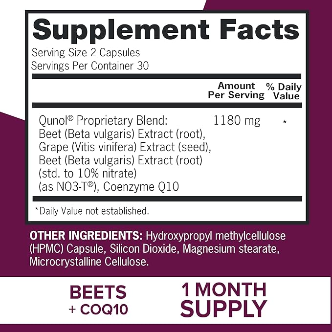 Qunol Blood Pressure Support, 3 in 1 Beets + CoQ10 + Grape Seed Extract, Beet Root Capsules that Supports Healthy Blood Circulation & Heart Healthy Energy, 60 Count (Pack of 2)