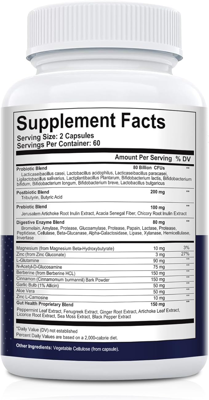 Migcopat Probiotic Prebiotic, Postbiotic & Digestive Enzymes for Digestive Health, 80 Billion CFU Probiotics Complete Gut Support with Berberine, Cinnamon, L-Glutamine, for Men & Women, 120 Capsules