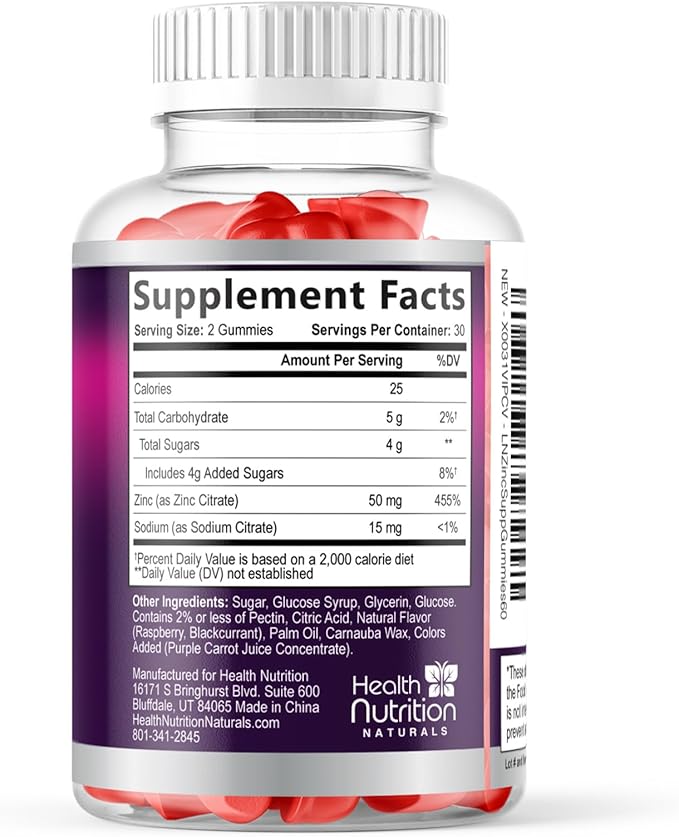 Zinc Gummies 50mg per Serving - Extra Strength Immune Support Antioxidant Gummy, Non-GMO & Gluten Free - Best Zinc Supplement for Skin Bone & Heart Health - Chewable Tasty Berry Flavor - 60 Gummies