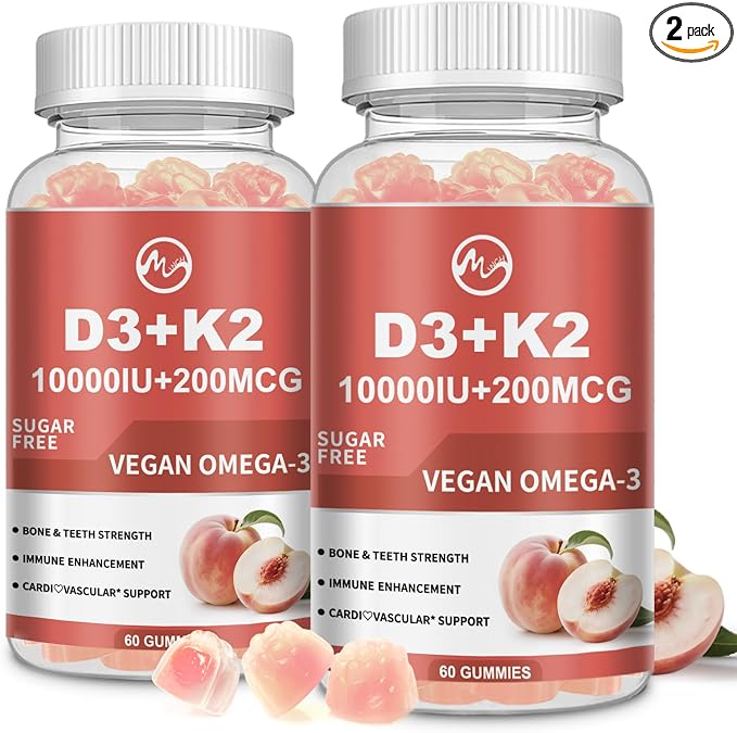 M inch Vitamin D3 K2 Gummies, Vitamin D3 10000IU, K2 (MK-7) 200mcg, 6-in-1 Vitamina D3 Con K2 Supplement with Omega-3, Magnesium and Calcium for Bones, Teeth & Immune Support, Sugar Free, 2 Packs