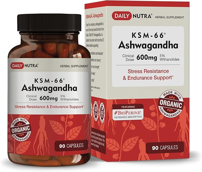 DailyNutra KSM-66 Ashwagandha 600mg Organic Root Extract - High Potency Supplement with 5% Withanolides | Relieves Tiredness, Supports Relaxation, Focus, Energy, & Muscle Growth (90 Capsules)