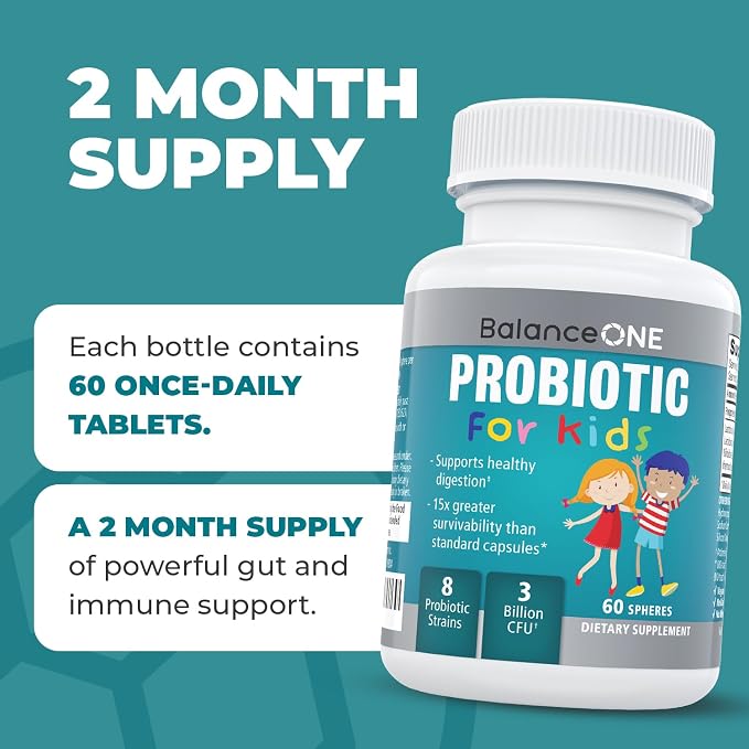 Balance ONE Time-Release Kids Probiotic – Up to 15x Better Survivability – 3 Billion CFU – Gut & Digestive Support for Children – Sugar Free, Easy to Swallow, 2 Month Supply