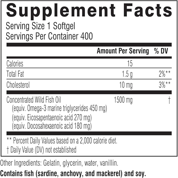 Swisse Wild Fish Oil Omega 3 Supplements for Women and Men | EPA DHA Fish Oil Supplements | Odorless - Helps Support Brain, Eye and Heart Health | High Strength 1500 mg | 400 Softgel Pills