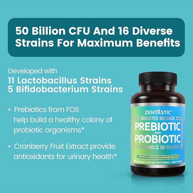 Zentastic Probiotics & Prebiotics Supplement - 50 Billion CFU - for Men & Women’s Immune & Digestive Health - 16 Strains - Shelf Stable - 60 Delayed Release Veggie Capsules