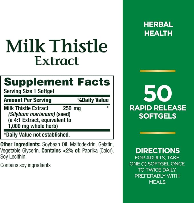 Nature's Bounty Milk Thistle 1000mg, Herbal Health Supplement, Daily Supplement, Gluten Free, Rapid Release Softgels, 50 Ct (Pack of 2)
