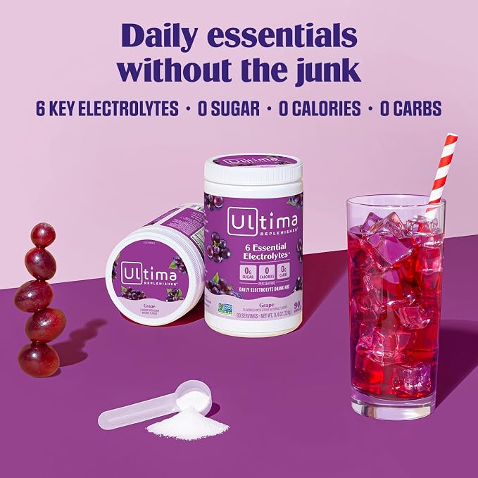 Ultima Replenisher Daily Electrolyte Powder Drink Mix, 90-Serving Canister | Zero Sugar Grape Hydration Powder with 6 Electrolytes & Minerals - Sugar Free, Plant-Based & Keto Friendly