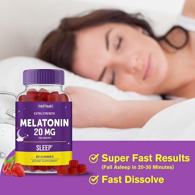 WellYeah Melatonin Gummies 20mg (2 Pack) | Sleep Support | Maximum Strength Melatonin 20mg Gummies for Adults | Fast Dissolved | Great Berry Flavor | 60 Count | Vegan, Non GMO