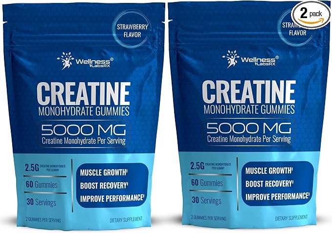 WELLNESS LABSRX Creatine Gummies 5000mg, 30 Servings Creatine Monohydrate Gummies, Strawberry Flavor Creatine for Men - Pack of 2
