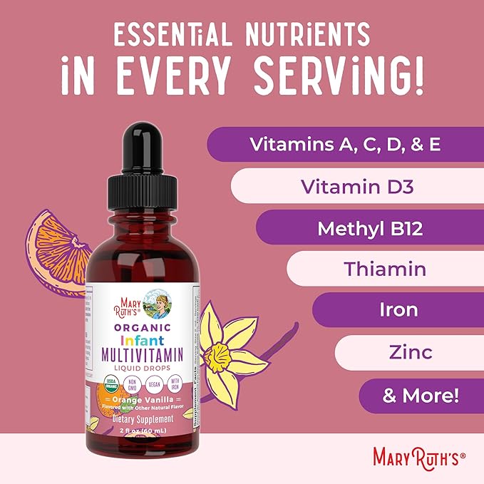 MARYRUTH'S Organics Multivitamin with Iron for Infants | USDA Organic | Liquid Drops for Babies 6-12 Months | Immune Support & Overall Wellness | Vegan | Non-GMO | Gluten Free | 2 Fl Oz