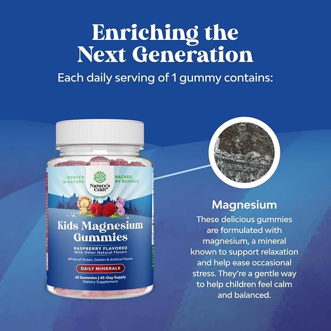 Kids Magnesium Gummies - Calm Relaxing Mg Citrate Supplement with Raspberry Flavor - Calm Magnesium Supplement for Nerve Health Muscles & Heart Support - Mag Citrate Gummies - 45 Count