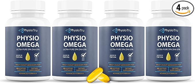 Physio Omega 2400mg Fish Oil with Omega 3 Fatty Acid Supplement - Vascular & Cognitive Supplements for Adults - Non-GMO, Burpless, Light Citrus Flavor, Sustainably Sourced - 4 Packs, 240 Softgels
