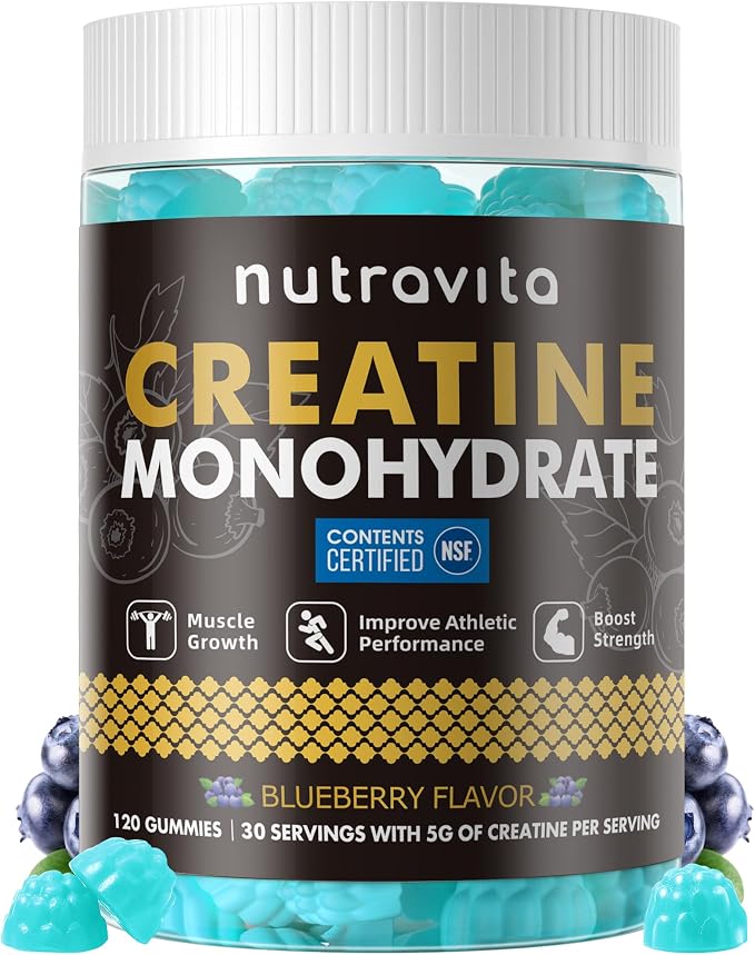 Nutravita NSF Certified Creatine Gummy - Creatine Monohydrate Gummies for Men & Women-5g of Creatine Monohydrate per Serving - Sugar Free,Vegan, Blueberry Flavor, 120 Count