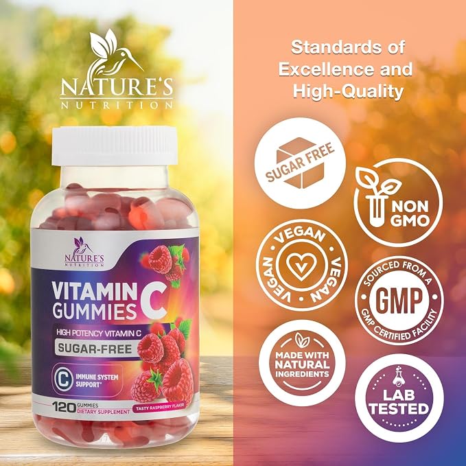 Vitamin C Gummies - 100% of Daily Vitamin C & Sugar Free - Immune Support with Powerful Antioxidants - Nature's Vegan VitaminC Dietary Supplement - Raspberry Flavor for Kids & Adults - 120 Gummies