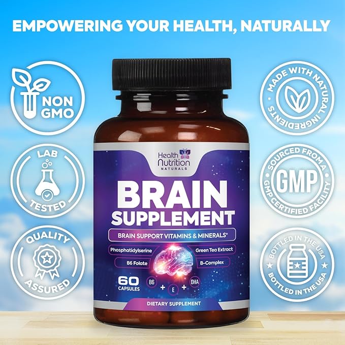 Brain Memory Supplement - 3X Strength Nootropics for Concentration, Clarity & Focus Support - Brain Health Cognitive Vitamins with Bacopa, Phosphatidylserine & DMAE, Brain Booster, 60 Capsules