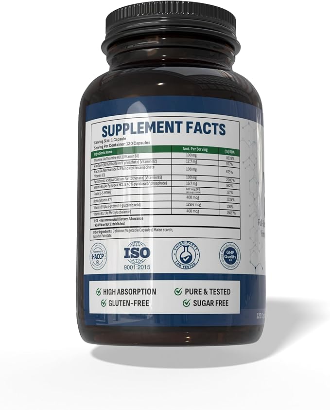 Wellotrix Advanced B-Complex – Full Spectrum of 8 Essential B Vitamins (B1, B2, B3, B5, B6, B7, B9, B12) in Active Coenzyme Forms – Supports Energy Metabolism & Cellular Health – 120 Capsules