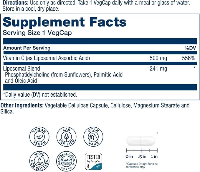 SOLARAY Liposomal Vitamin C 500mg - Enhanced Absorption Vitamin C Liposomal Blend with Fatty Acids - Antioxidant and Immune Support Supplement - Vegan, 60-Day Guarantee, 100 Servings, 100 VegCaps