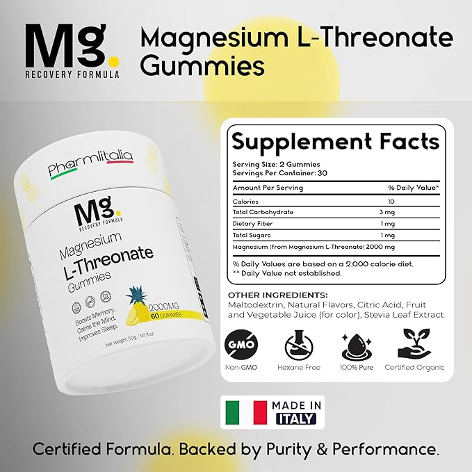 Magnesium L-Threonate Gummies for Adults & Kids 2000mg – Brain Supplements for Memory and Focus - Calm Magnesium Gummies for Improved Sleep and Healthy Mind - 60 Count (Pack of 1)