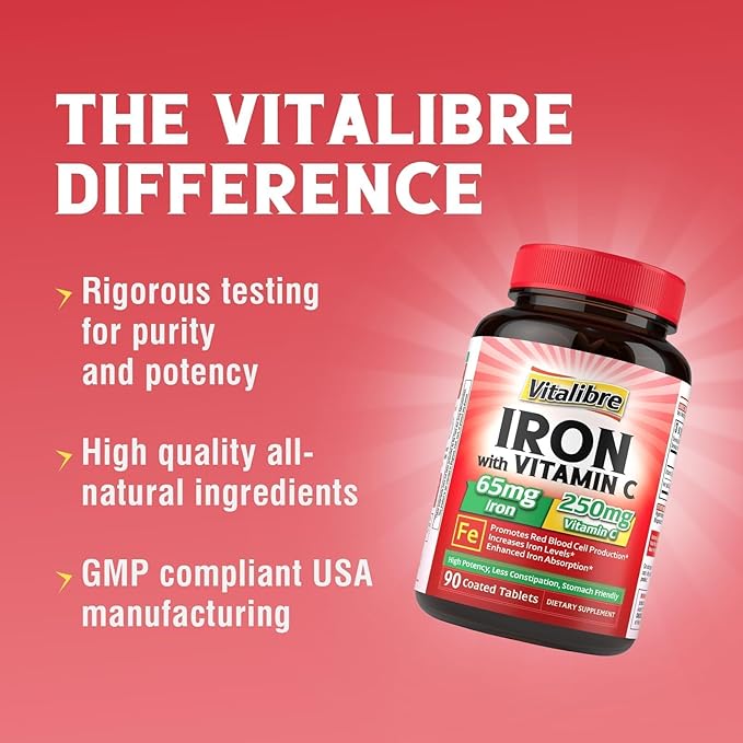 Iron Supplement, 65mg Carbonyl Iron with 250mg Vitamin C, Stomach Friendly Iron Pills for Blood Building Women & Men, High Absorption, No Nausea, No Constipation, Non-GMO, No Gluten, 90 Vegan Tabs