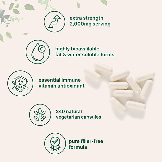 Pure Vitamin C 2,000mg, 240 Veggie Capsules | Highly Bioavailable Fat & Water Soluble Forms | Max Potency | Antioxidant & Immune Support Supplement | Easily Absorbed, Non-GMO, Filler Free