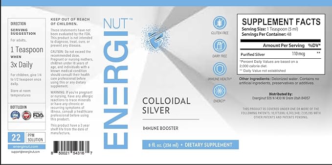 ENERGI Colloidal Silver Liquid, Immune Support Supplement, Immunity System Supplement for Adults and Kids, Colloidal Silver Drops or Spray, 8 Fl Oz Bottle