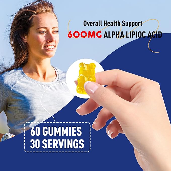 Alpha Lipoic Acid 600mg Gummies, Sugar Free Chewable R Lipoic Acid Supplement for Antioxidant & Nervous System Support, Brian & Skin Health, Pineapple Flavor, 60 Count