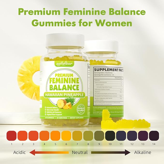softbear Premium Feminine Balance Gummies for Women, Pineapple PH Balance Gummies for Women's Healthy Odor, Flora, Vaginal, Immune Support, Vegan, Gluten-Free, 60 Gummies