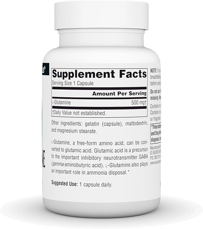 Source Naturals L-Glutamine, Free Form Amino Acid That Supports Metabolic Energy*, 500mg - 50 Capsules