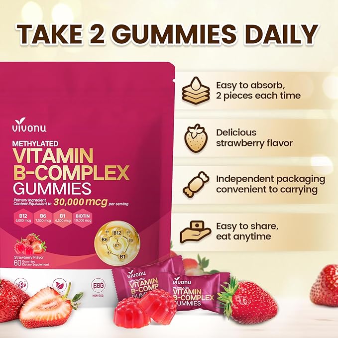 VivoNu Vitamin B6 Gummies for Women & Men, with Vitamins B12, B1, B3, B5, A, C, D, E, Folate, Choline, Inositol, Complex Vitamin B for Energy, Natural Ingredient, Sugar Free & Non GMO