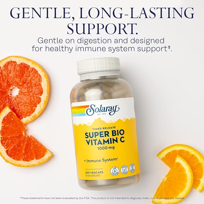 SOLARAY Super Bio Vitamin C 1000mg, Buffered, Two-Stage Timed Release with Bioflavonoids, Immune Support Supplement, High Absorption, Vegan, 60-Day Guarantee – 250 VegCaps