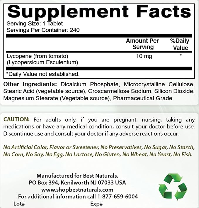 Best Naturals Lycopene Tomato Extract 10 mg 240 Tablets (Pack of 2)