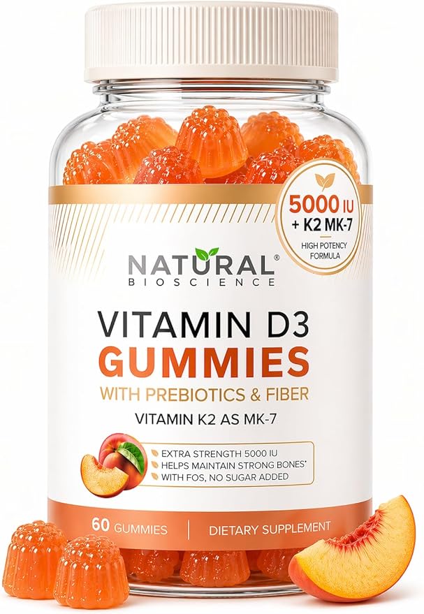 Sugar Free Vitamin D3 K2 Gummies 5000 IU + K2 MK7 80 mcg – Vitamin D Gummies for Adults with Prebiotics & Fiber – Supports Bones, Immune Health, Heart Health & Mood – Gluten Free, Natural Peach Flavor